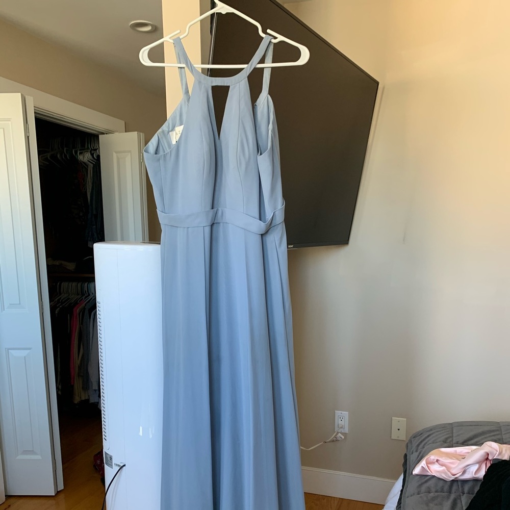 Azazie dusty blue long bridesmaids dress
